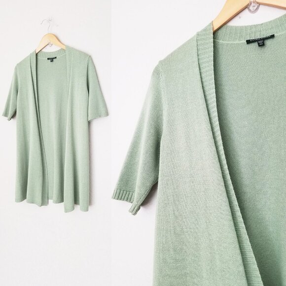 Eileen Fisher Short Sleeve Open Front Longline Cardigan Sage Green Petite M Silk - Picture 7 of 11